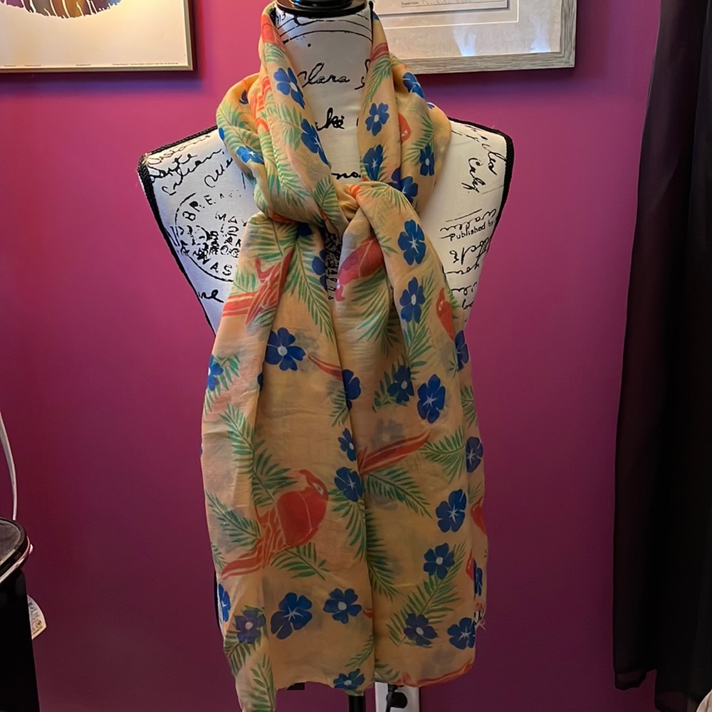 Peach Scarf with Floral/Bird Design